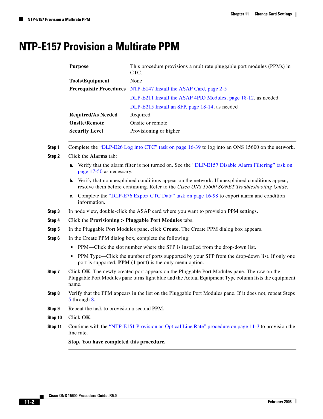 Cisco Systems ONS 15600 manual NTP-E157 Provision a Multirate PPM, 11-2 