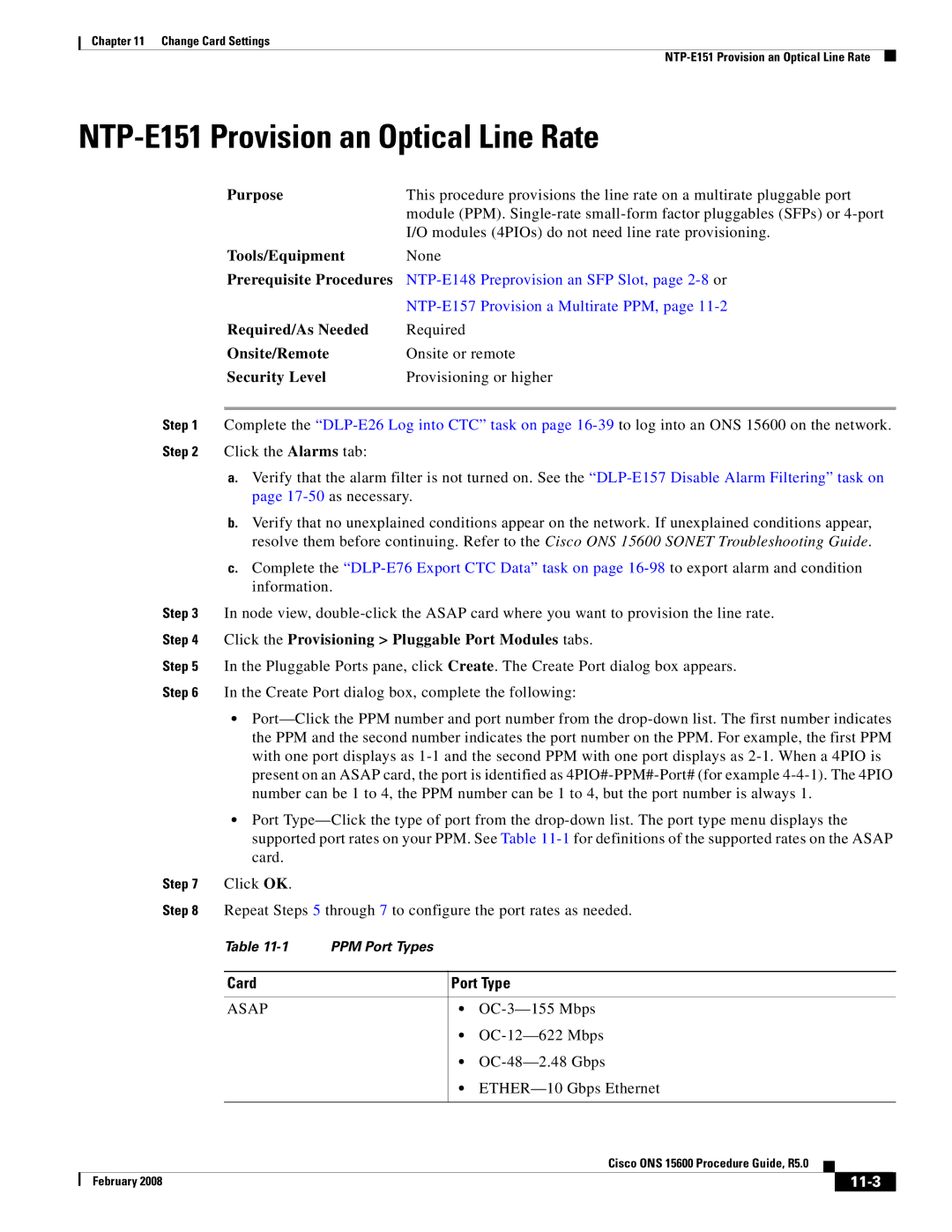 Cisco Systems ONS 15600 manual NTP-E151 Provision an Optical Line Rate, Card, Port Type, 11-3 