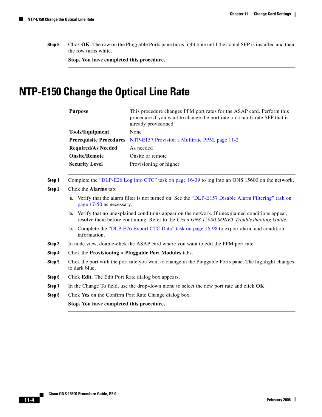 Cisco Systems ONS 15600 manual NTP-E150 Change the Optical Line Rate, 11-4 