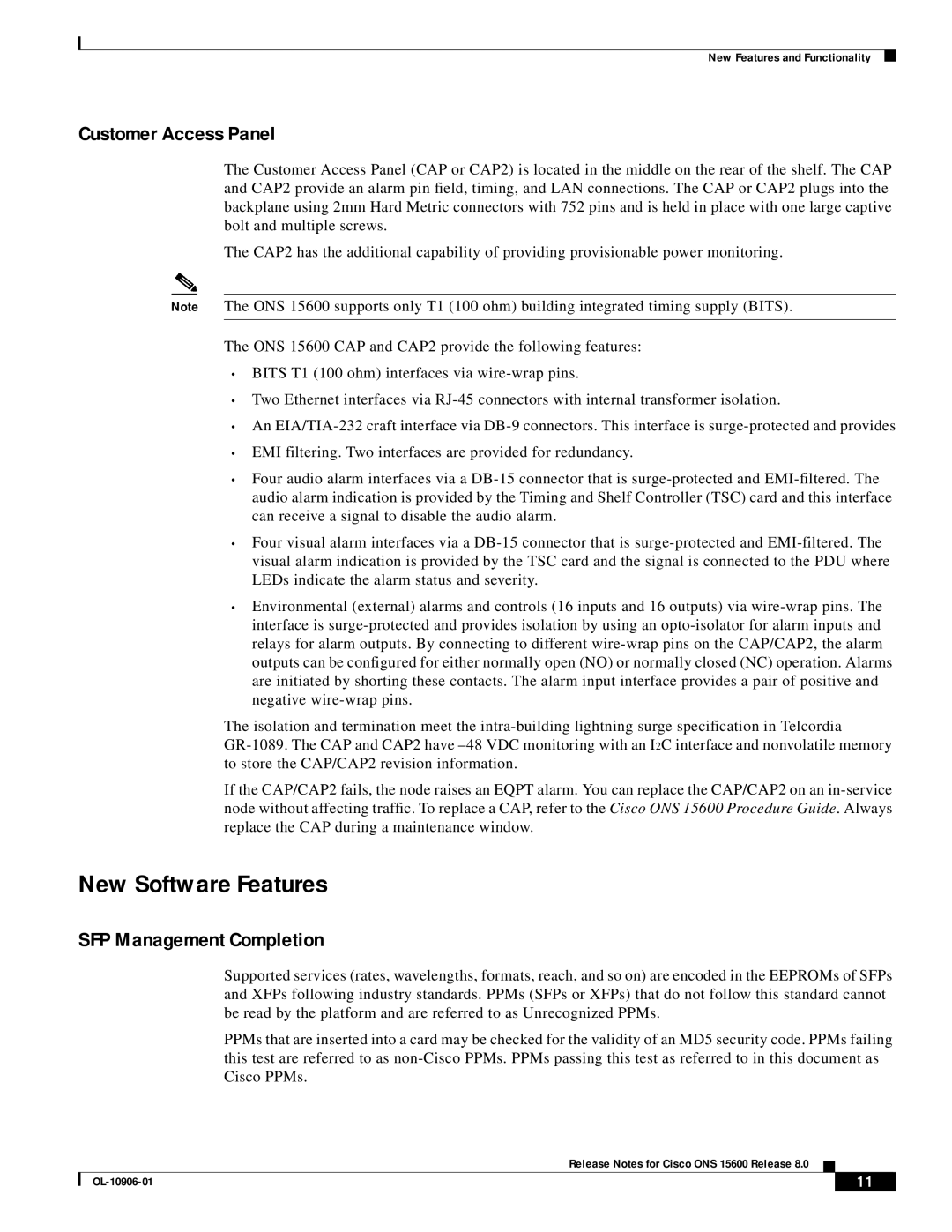 Cisco Systems ONS 15600 manual New Software Features, Customer Access Panel, SFP Management Completion 