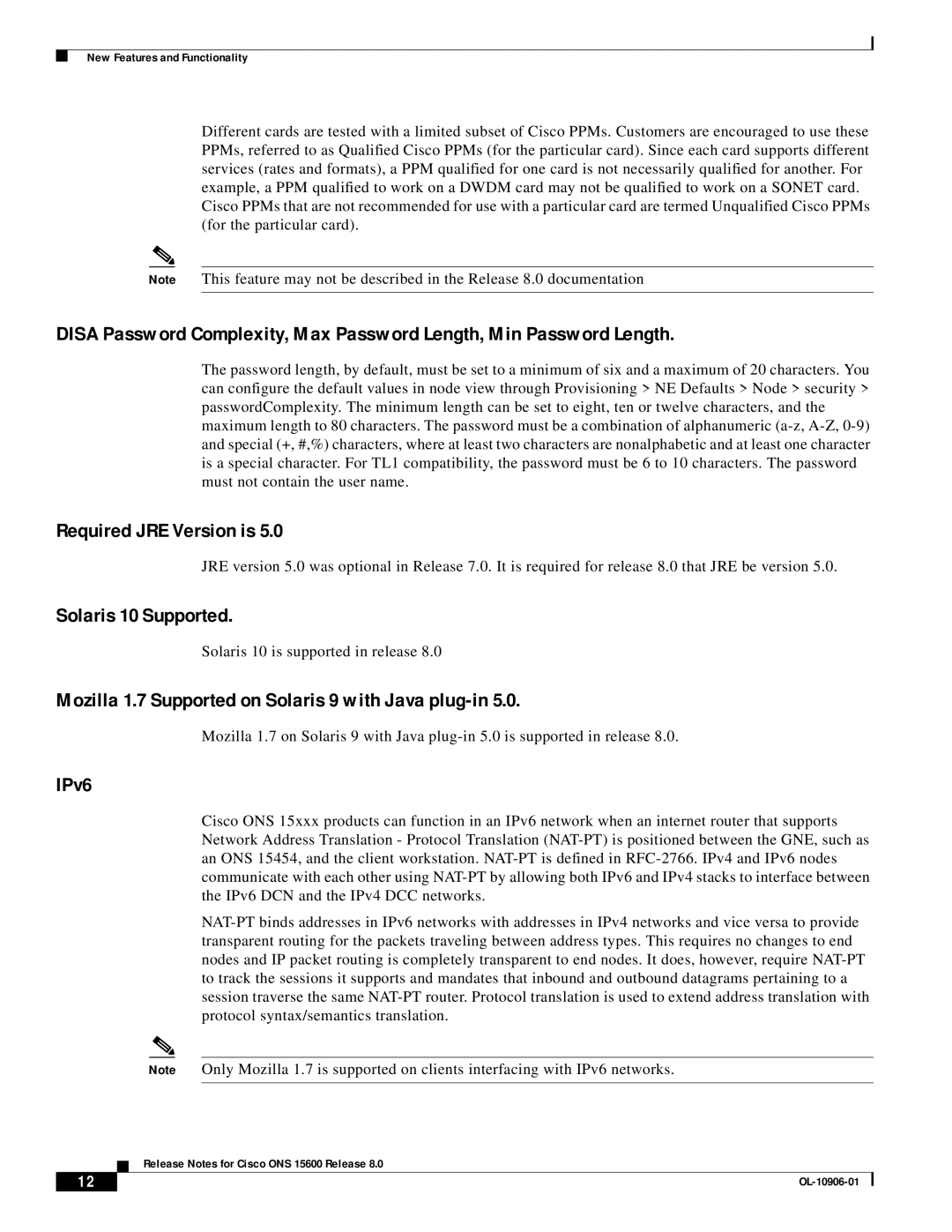 Cisco Systems ONS 15600 manual Required JRE Version is, Solaris 10 Supported, IPv6 