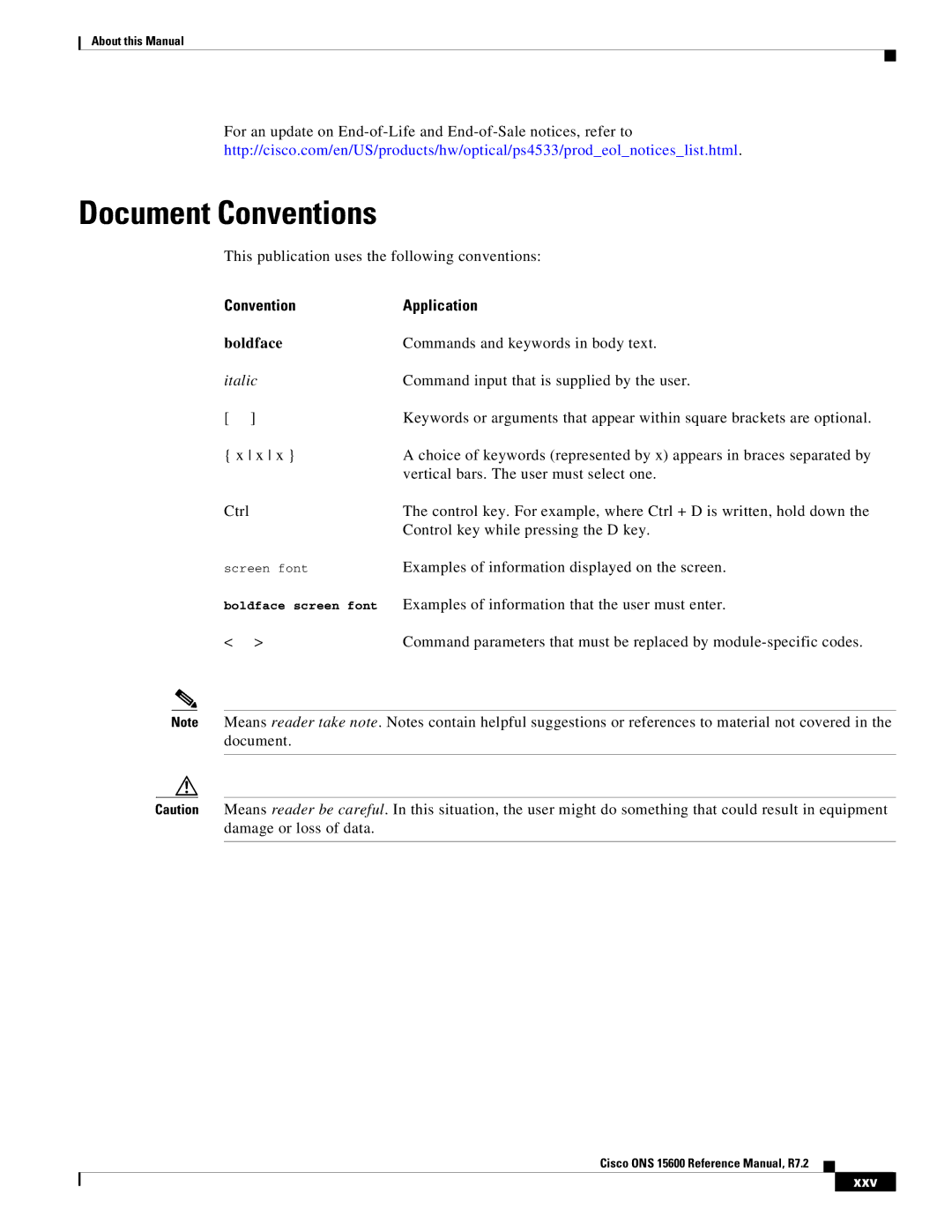 Cisco Systems ONS 15600 manual Document Conventions, Convention Application, Xxv 