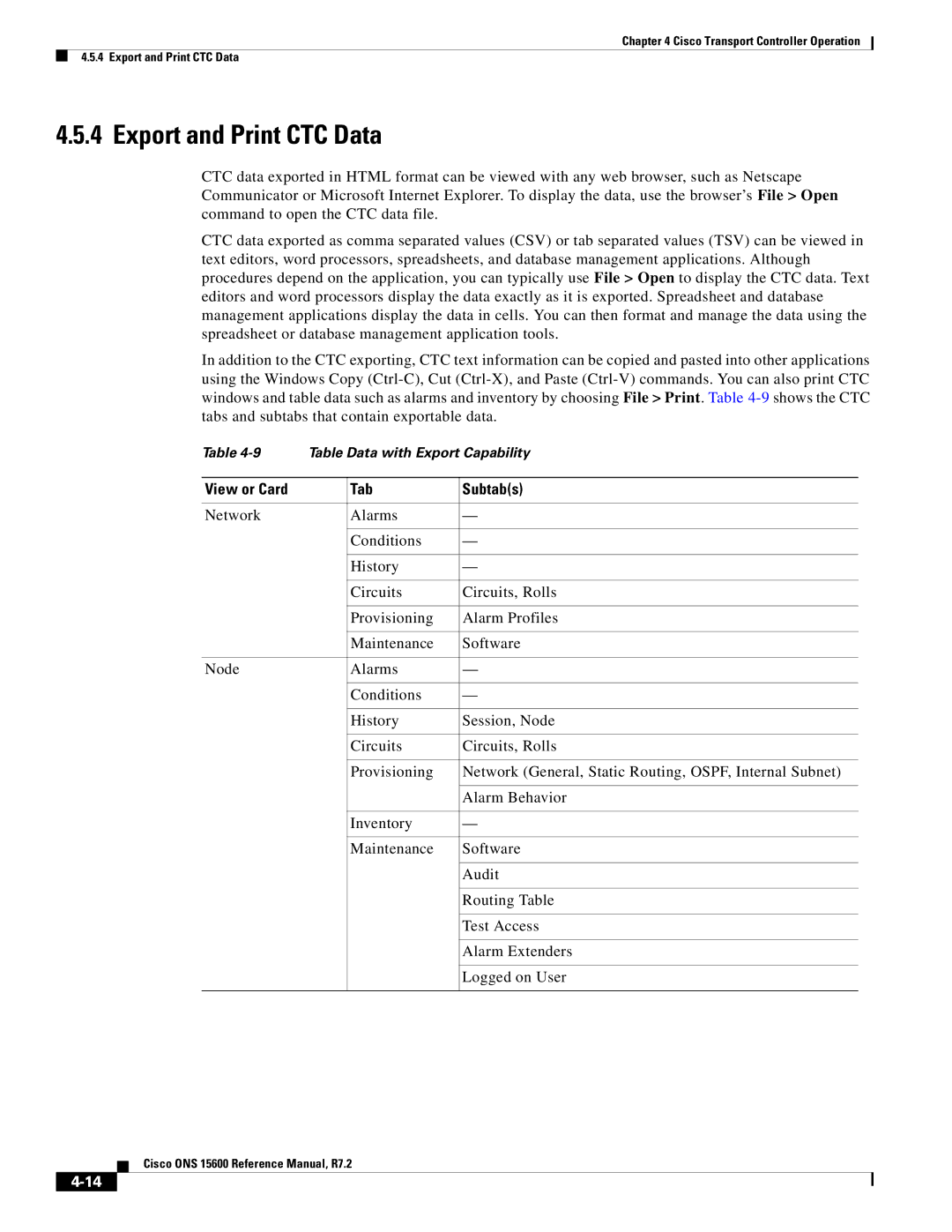 Cisco Systems ONS 15600 manual Export and Print CTC Data, View or Card Tab Subtabs 