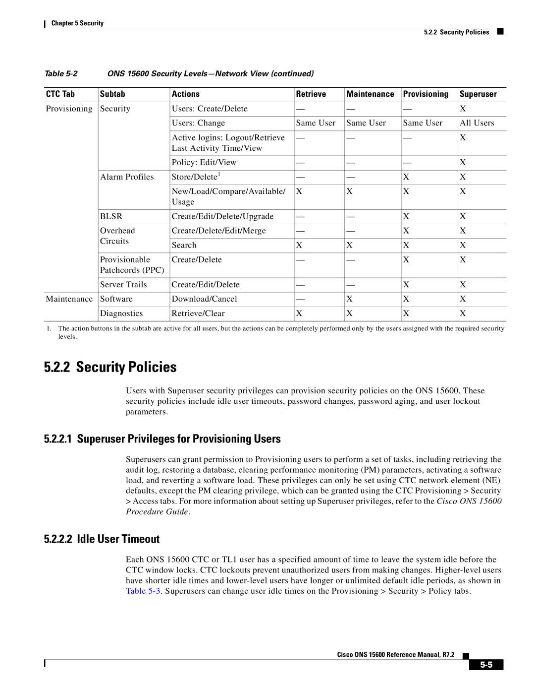 Cisco Systems ONS 15600 manual Security Policies, Superuser Privileges for Provisioning Users, Idle User Timeout 