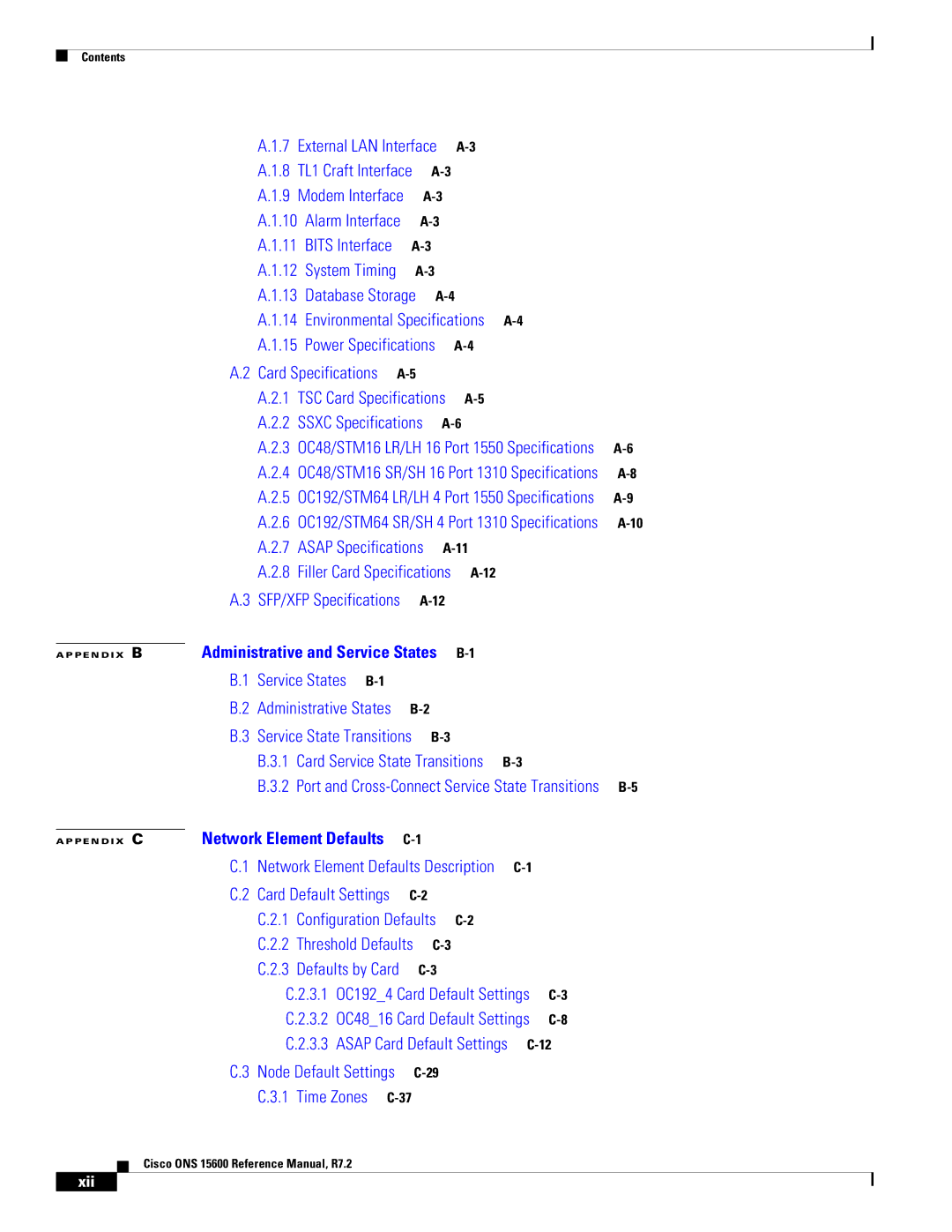 Cisco Systems ONS 15600 manual Environmental Specifications A-4, Xii 