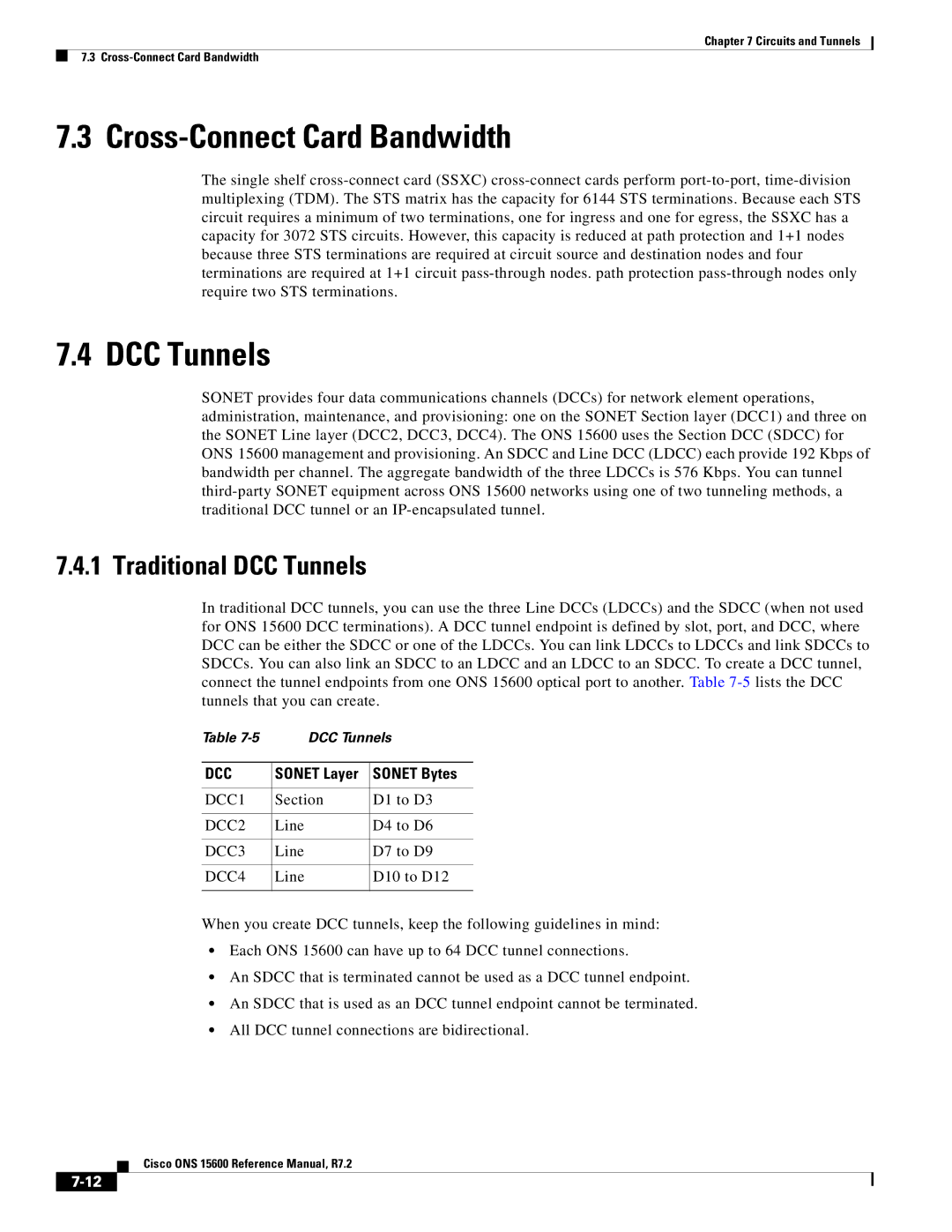 Cisco Systems ONS 15600 manual Cross-Connect Card Bandwidth, Traditional DCC Tunnels, Sonet Bytes 