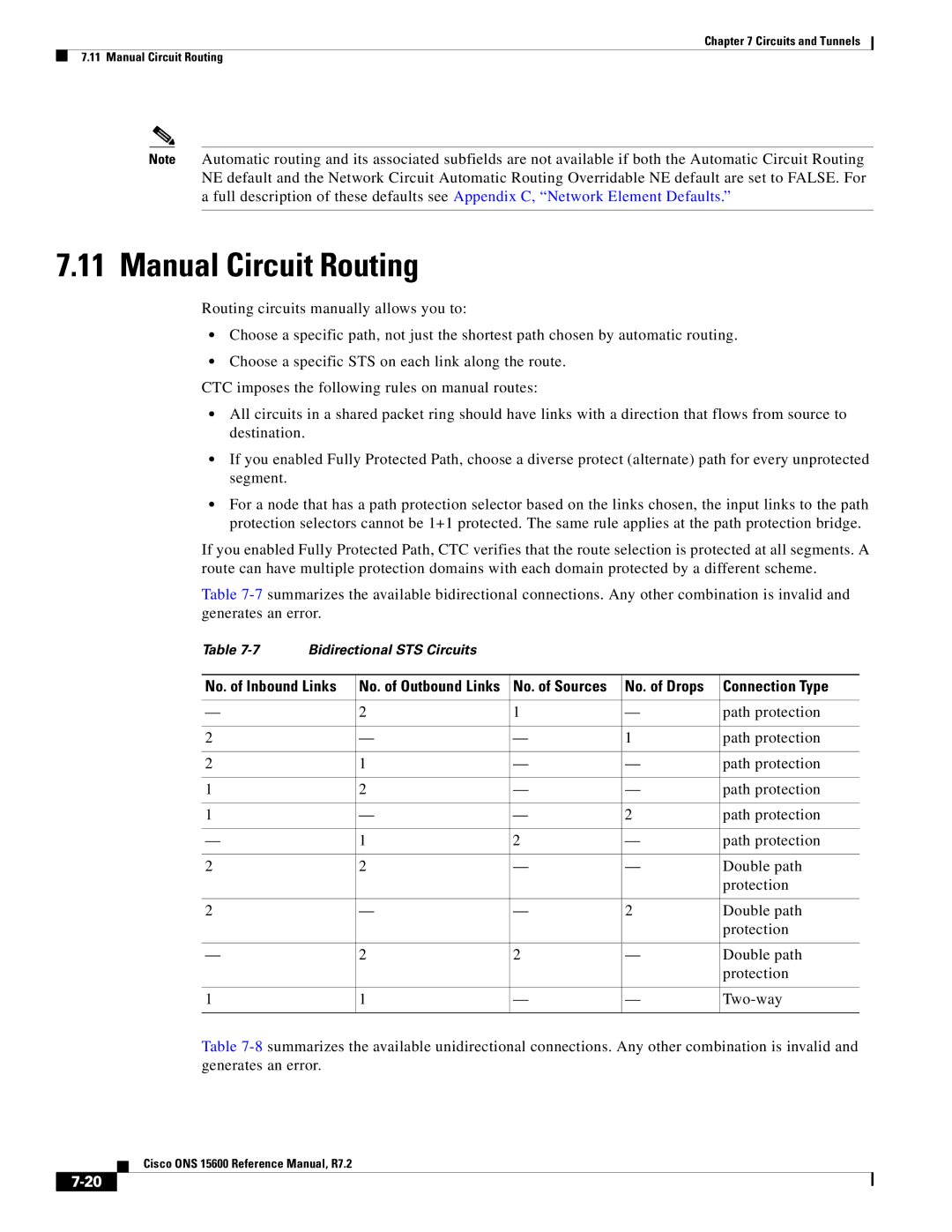 Cisco Systems ONS 15600 manual Manual Circuit Routing, No. of Sources No. of Drops Connection Type, Double path, Two-way 