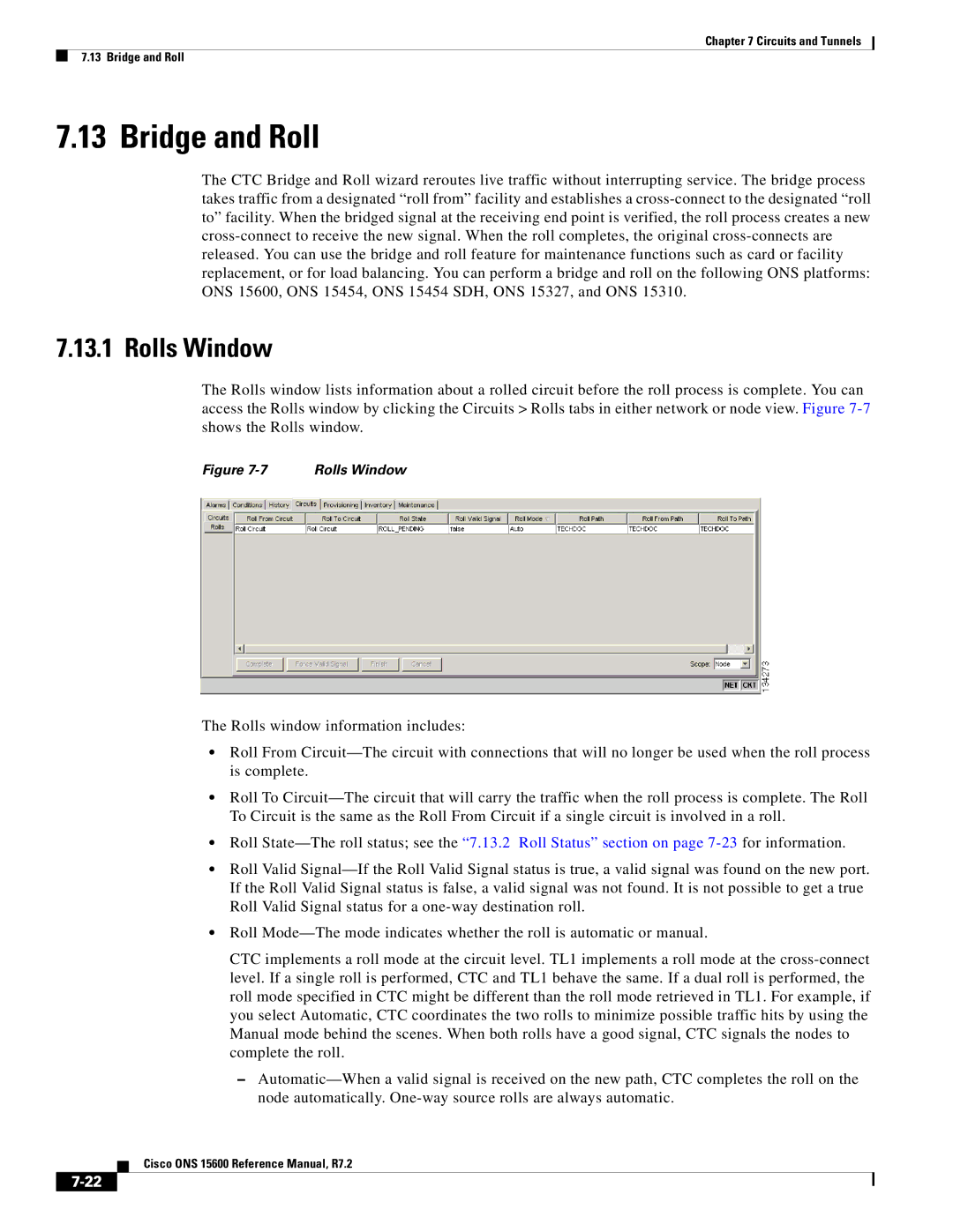 Cisco Systems ONS 15600 manual Bridge and Roll, Rolls Window 