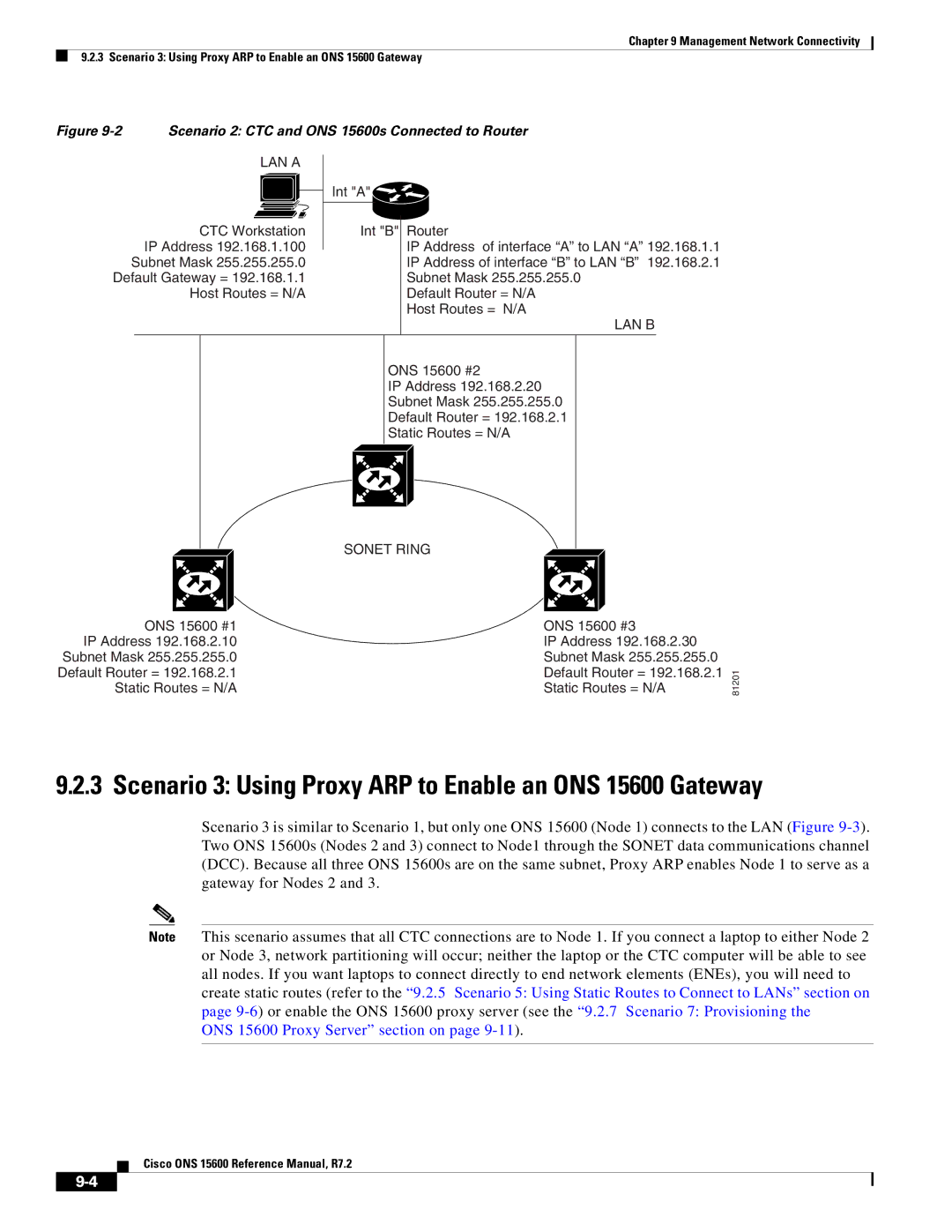 Cisco Systems manual Scenario 3 Using Proxy ARP to Enable an ONS 15600 Gateway, ONS 15600 Proxy Server section on 