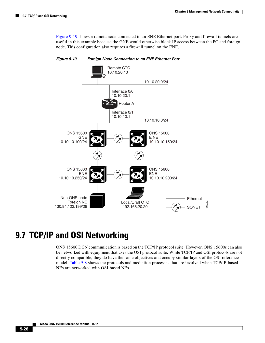 Cisco Systems ONS 15600 manual TCP/IP and OSI Networking, Foreign Node Connection to an ENE Ethernet Port 