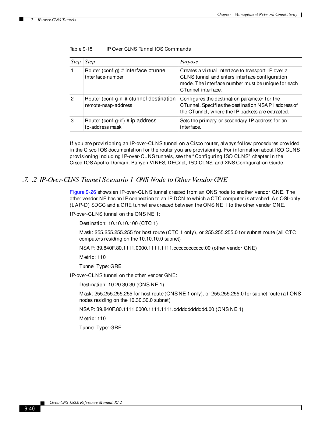 Cisco Systems ONS 15600 manual IP-Over-CLNS Tunnel Scenario 1 ONS Node to Other Vendor GNE, Step Purpose 