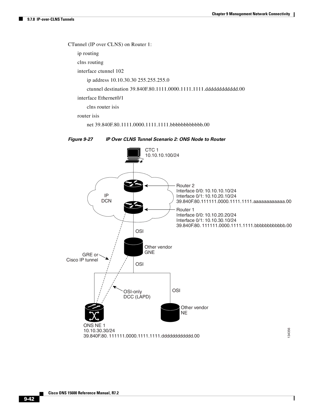 Cisco Systems ONS 15600 manual IP Over Clns Tunnel Scenario 2 ONS Node to Router 