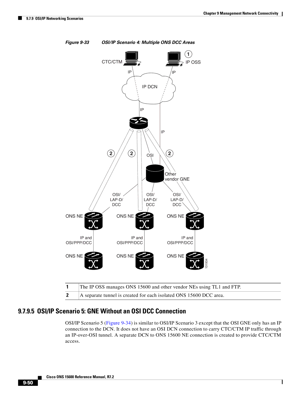 Cisco Systems ONS 15600 manual 9.5 OSI/IP Scenario 5 GNE Without an OSI DCC Connection 