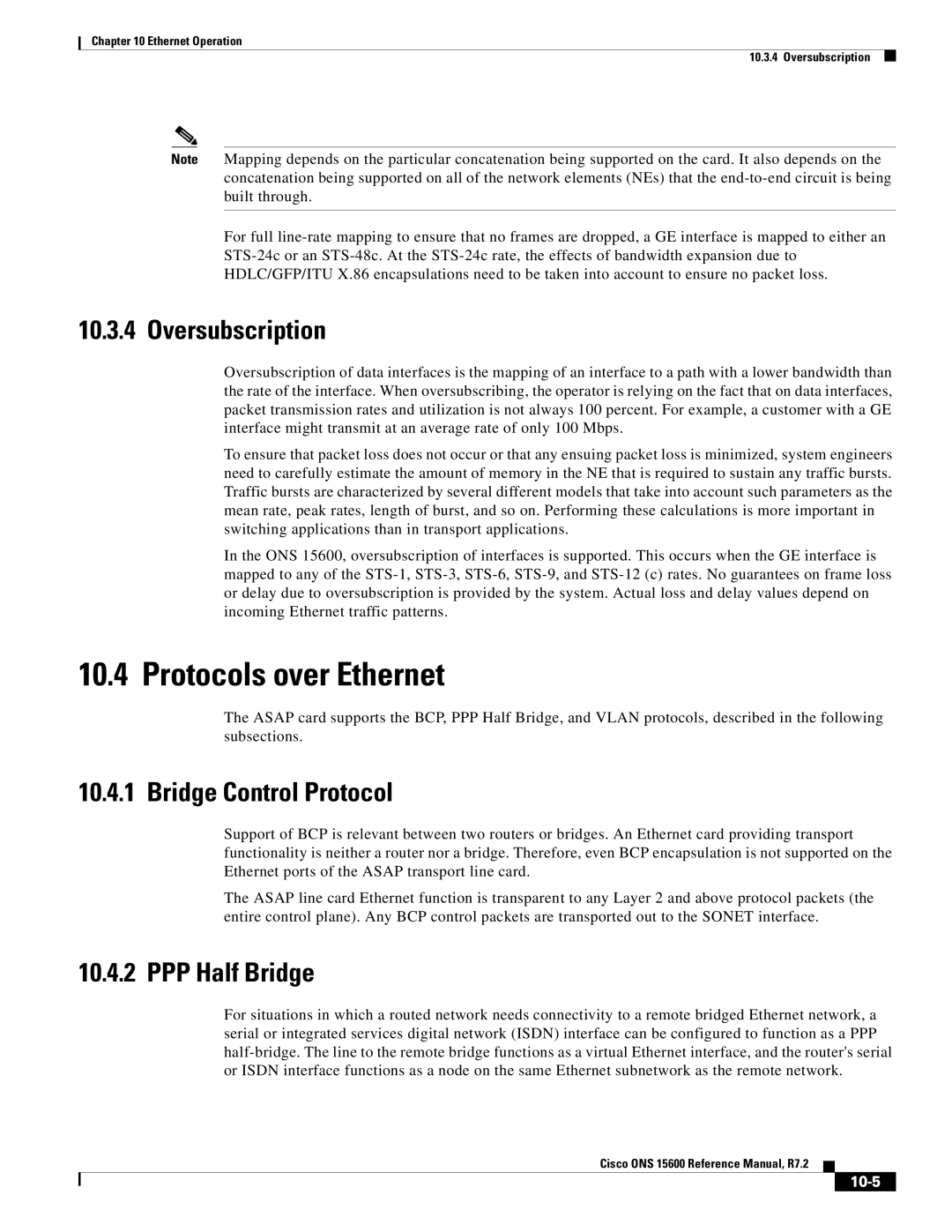 Cisco Systems ONS 15600 manual Protocols over Ethernet, Oversubscription, Bridge Control Protocol, PPP Half Bridge, 10-5 