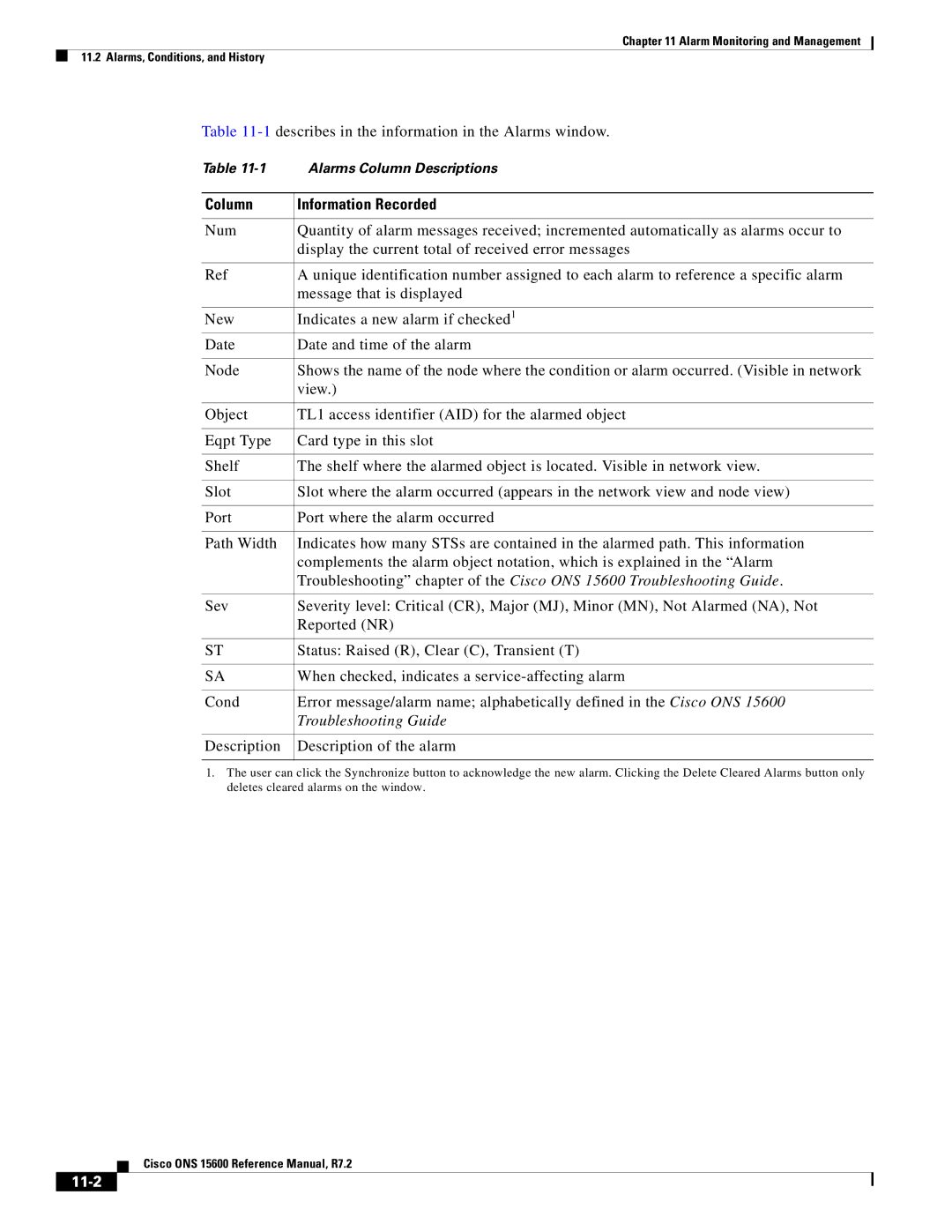 Cisco Systems ONS 15600 manual 1describes in the information in the Alarms window, Column Information Recorded, 11-2 