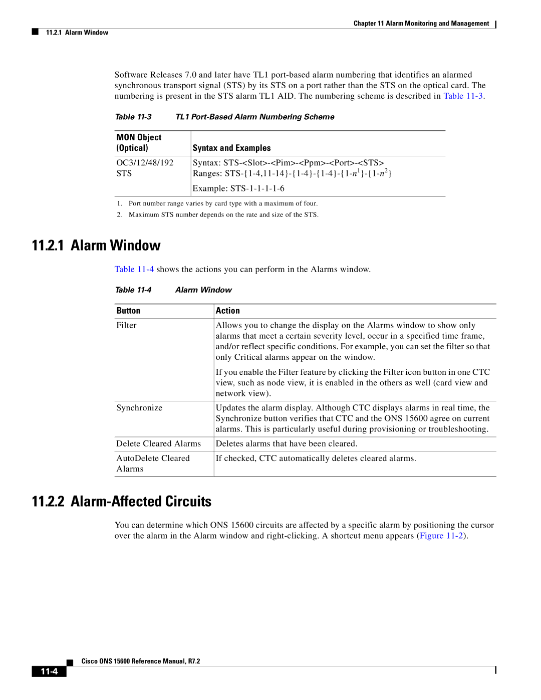 Cisco Systems ONS 15600 Alarm Window, Alarm-Affected Circuits, MON Object Optical Syntax and Examples, Button Action, 11-4 