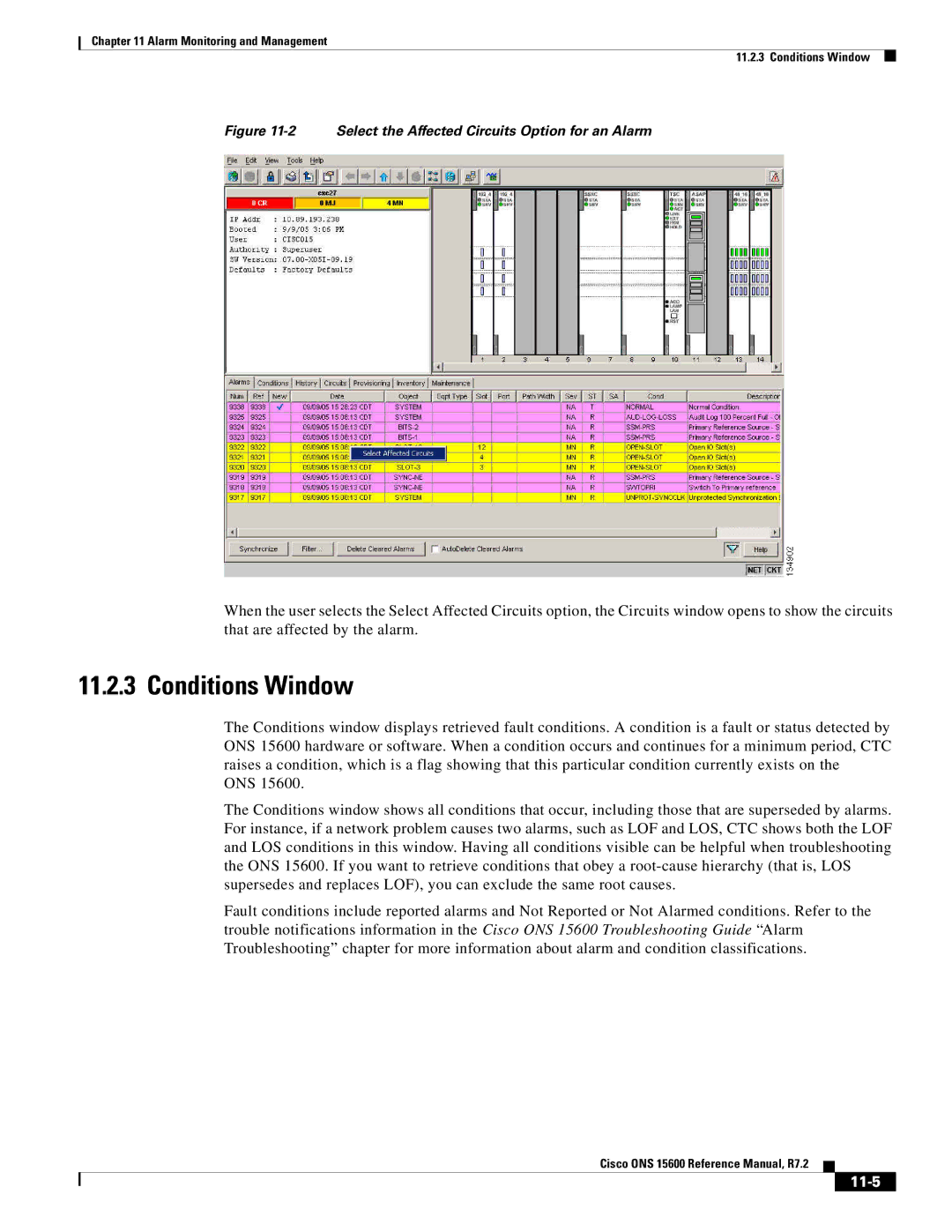 Cisco Systems ONS 15600 manual Conditions Window, 11-5 