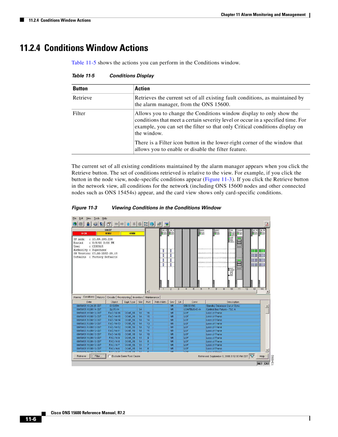 Cisco Systems ONS 15600 Conditions Window Actions, 5shows the actions you can perform in the Conditions window, Button 