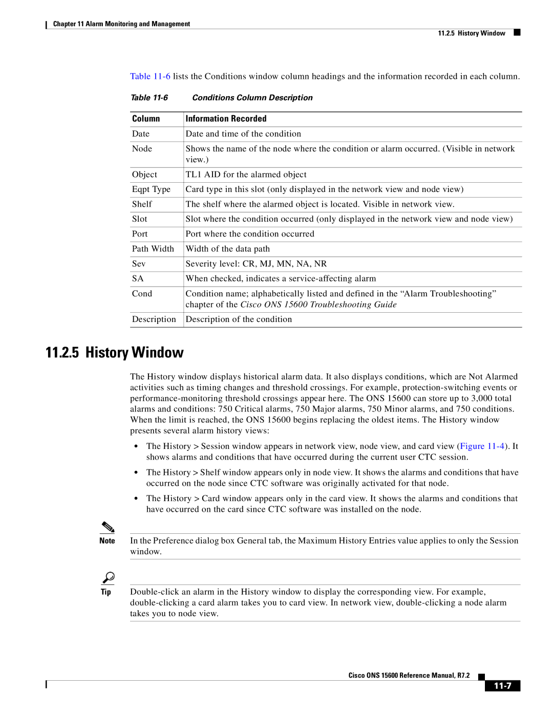 Cisco Systems ONS 15600 manual History Window, Description Description of the condition, 11-7 