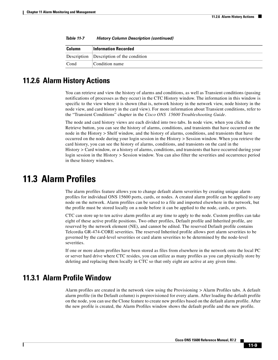 Cisco Systems ONS 15600 manual Alarm Profiles, Alarm History Actions, Alarm Profile Window, 11-9 