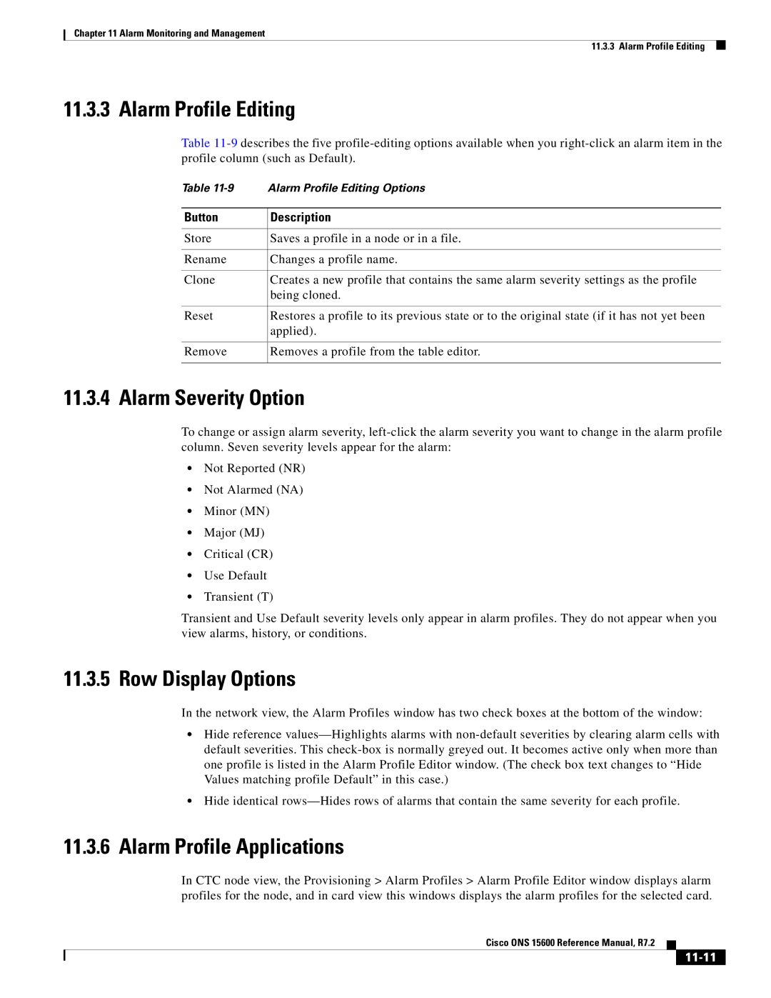 Cisco Systems ONS 15600 Alarm Profile Editing, Alarm Severity Option, Row Display Options, Alarm Profile Applications 