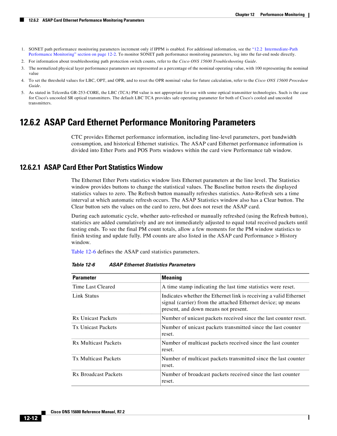 Cisco Systems ONS 15600 manual Asap Card Ethernet Performance Monitoring Parameters, Asap Card Ether Port Statistics Window 