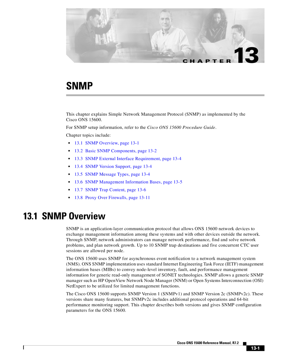 Cisco Systems ONS 15600 manual Snmp Overview, 13-1 