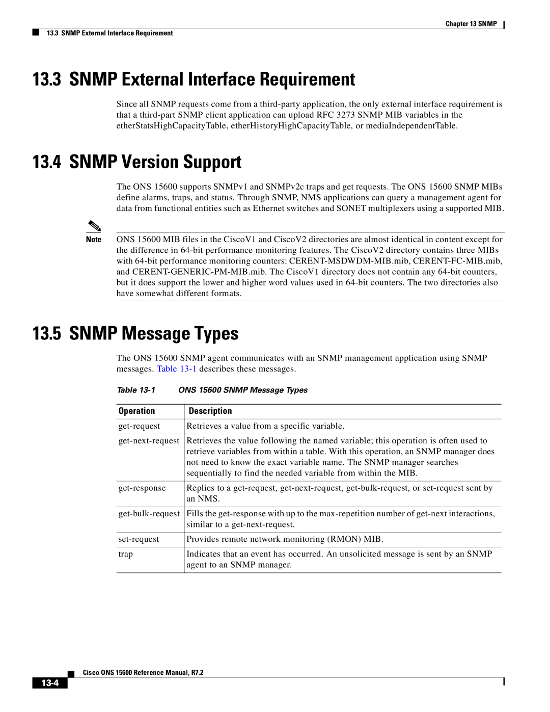 Cisco Systems ONS 15600 manual Snmp External Interface Requirement, Snmp Version Support, Snmp Message Types, 13-4 