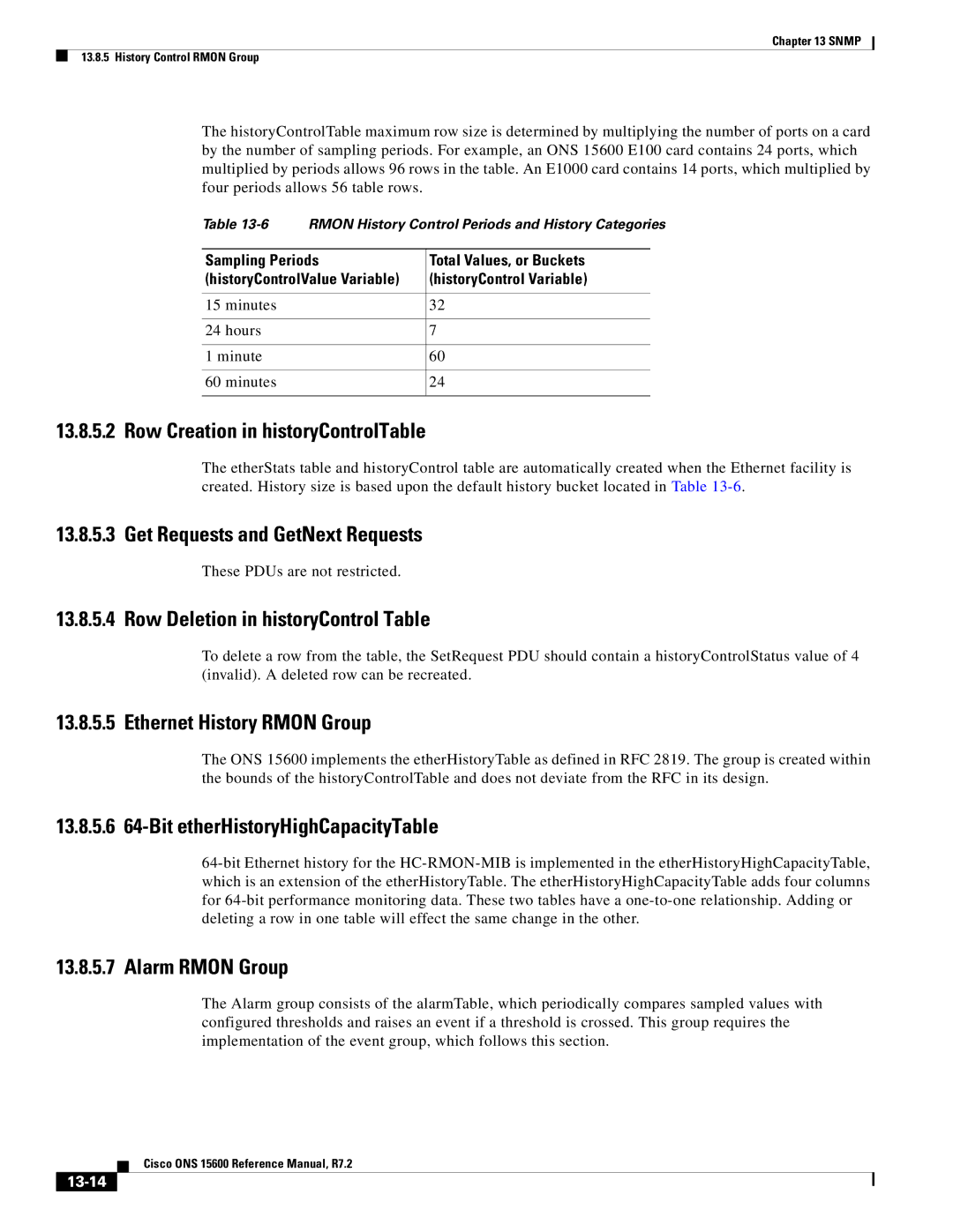 Cisco Systems ONS 15600 manual Row Creation in historyControlTable, Row Deletion in historyControl Table, Alarm Rmon Group 