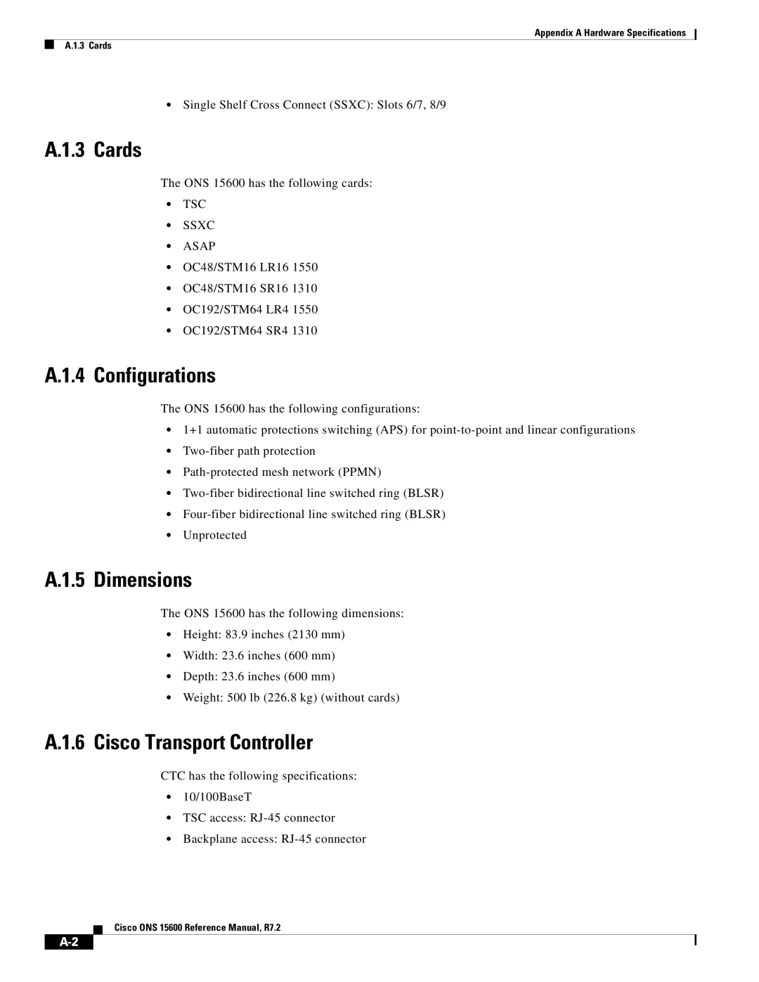 Cisco Systems ONS 15600 manual Cards, Configurations, Dimensions, Cisco Transport Controller, TSC Ssxc Asap 