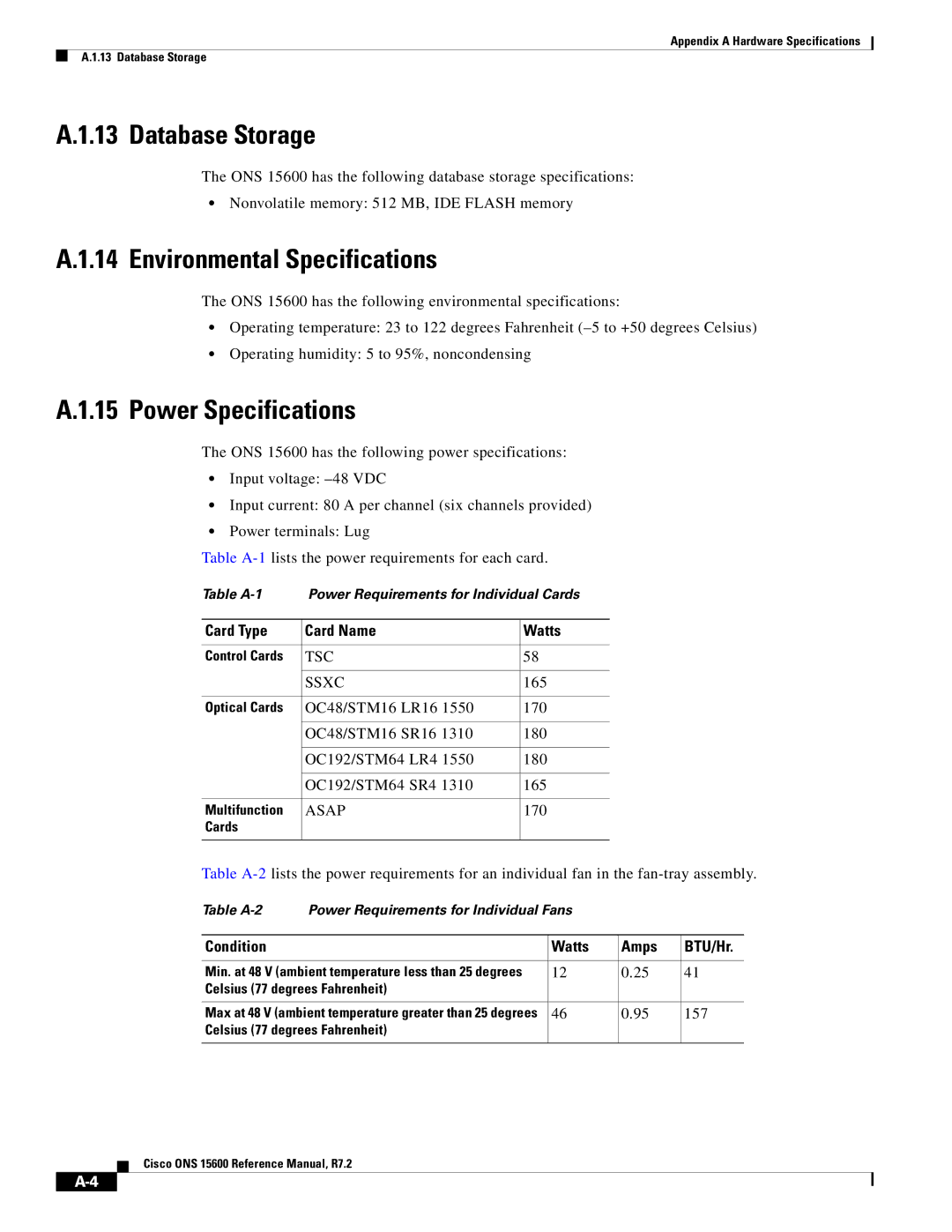 Cisco Systems ONS 15600 Database Storage, Environmental Specifications, Power Specifications, Card Type Card Name Watts 