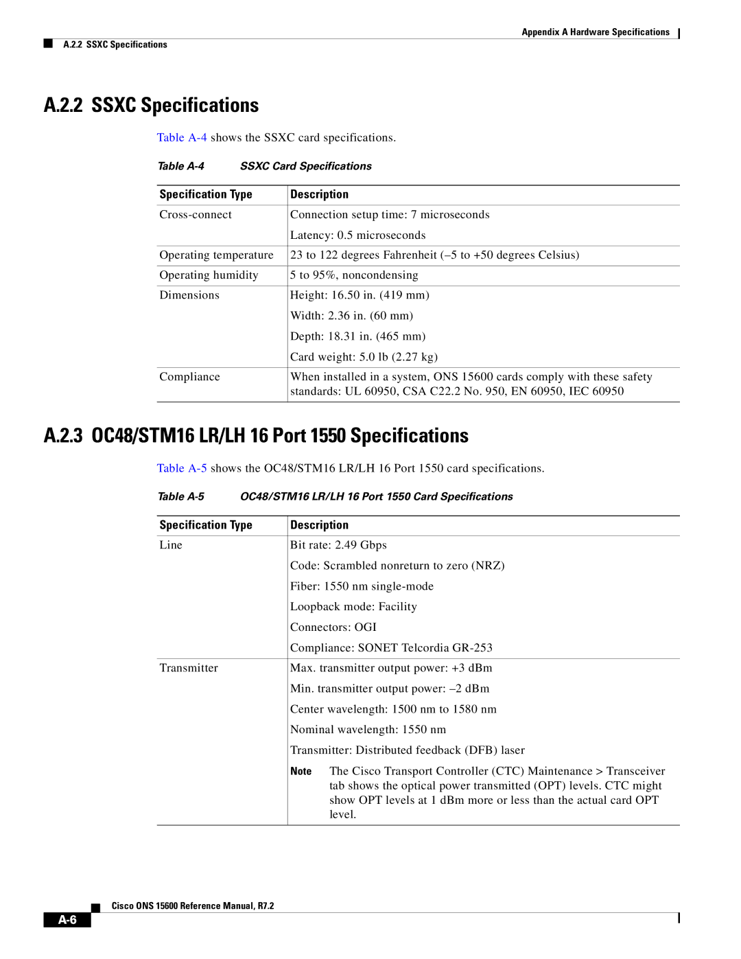 Cisco Systems ONS 15600 manual Ssxc Specifications, 3 OC48/STM16 LR/LH 16 Port 1550 Specifications 