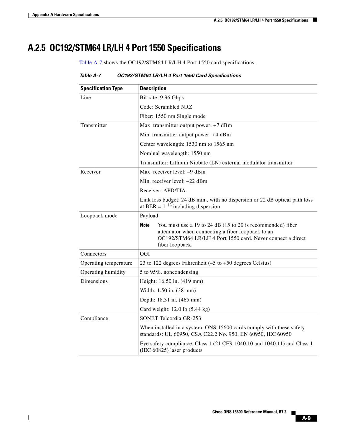 Cisco Systems ONS 15600 manual 5 OC192/STM64 LR/LH 4 Port 1550 Specifications, Ogi 