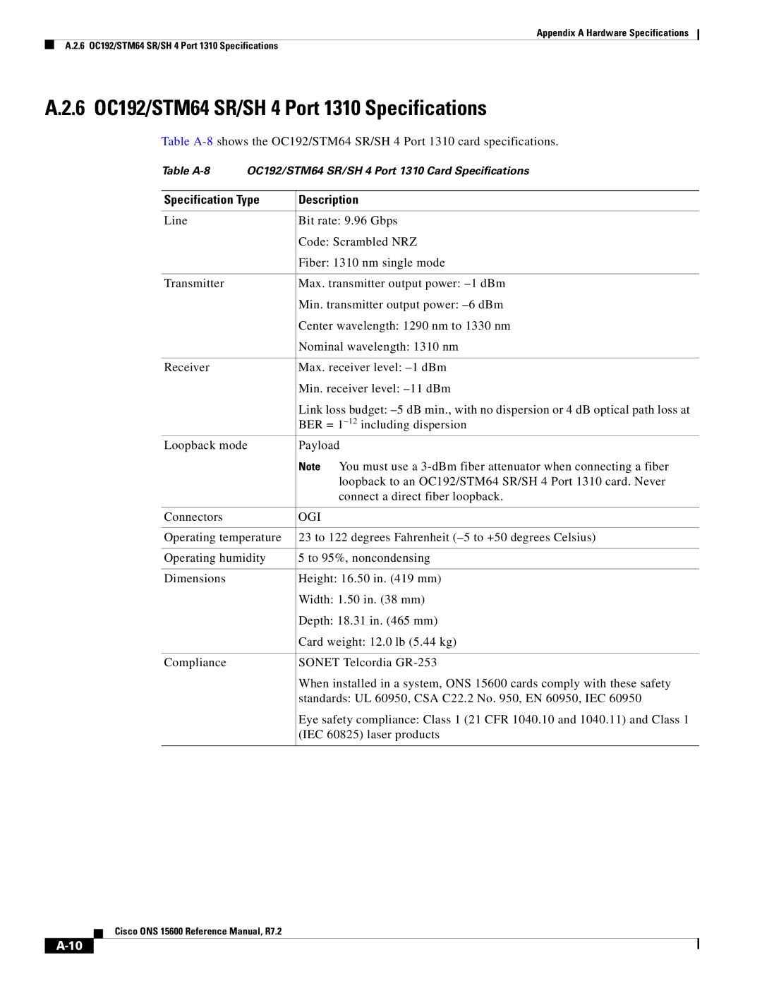 Cisco Systems ONS 15600 manual 6 OC192/STM64 SR/SH 4 Port 1310 Specifications 