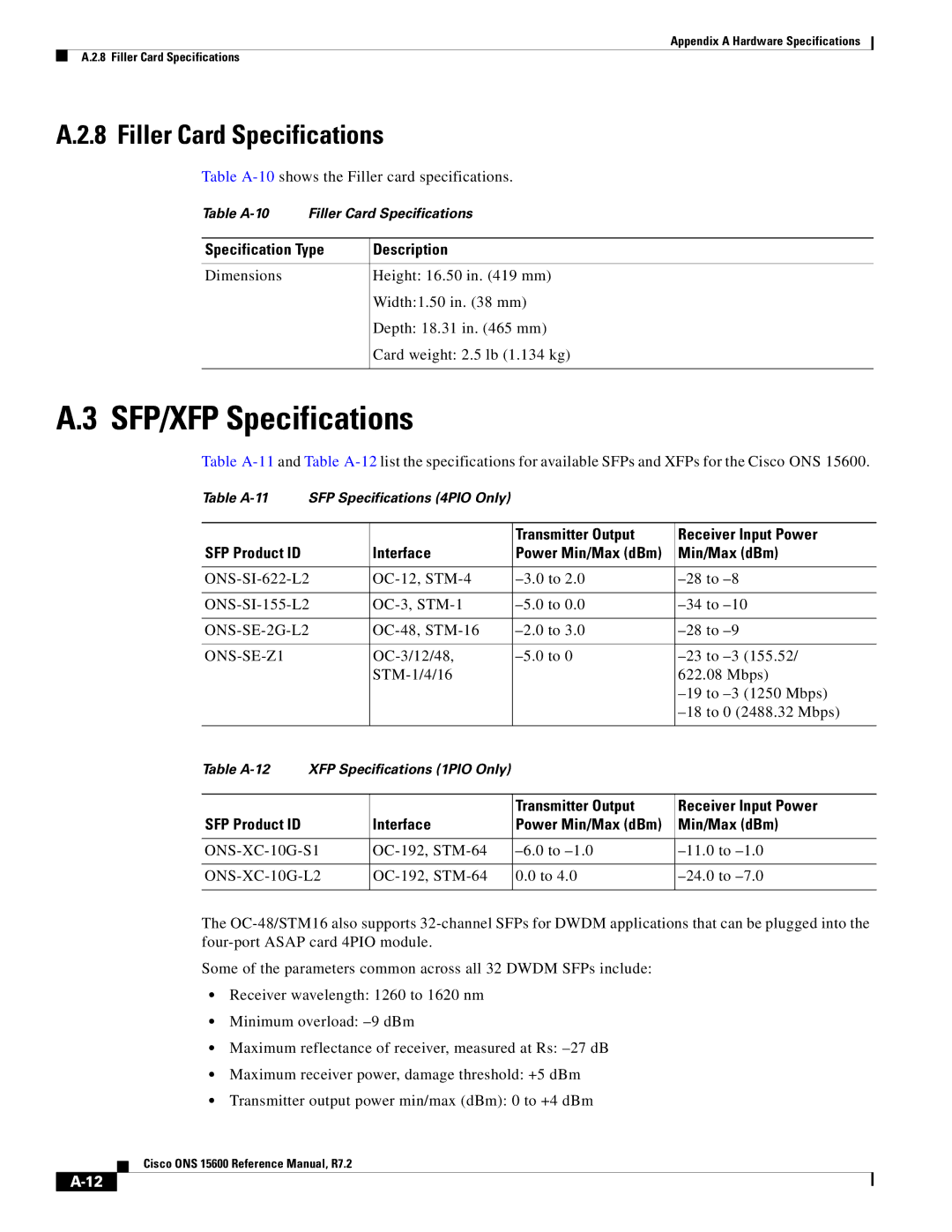 Cisco Systems ONS 15600 manual SFP/XFP Specifications, Filler Card Specifications, Transmitter Output Receiver Input Power 