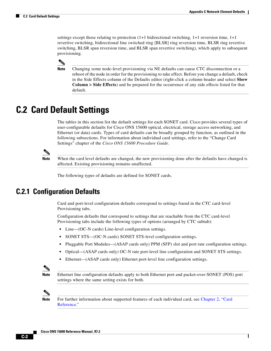 Cisco Systems ONS 15600 manual Card Default Settings, Configuration Defaults 