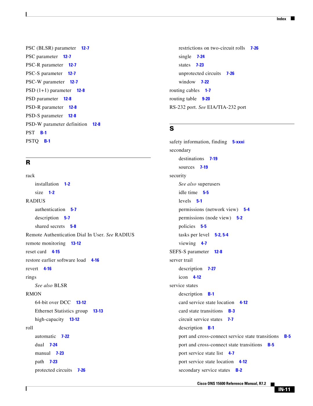 Cisco Systems ONS 15600 manual PST B-1 Pstq B-1, Rmon, IN-11 