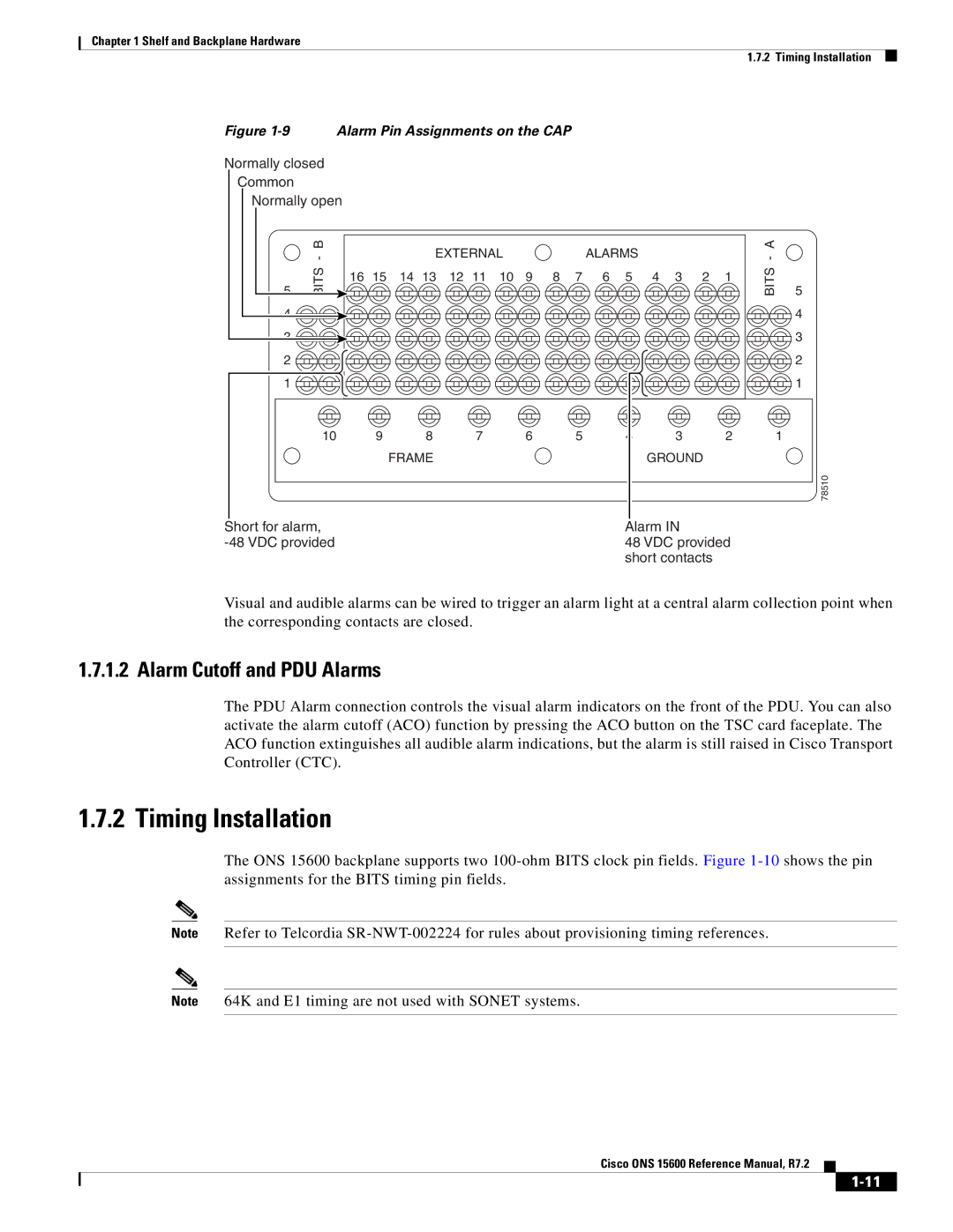 Cisco Systems ONS 15600 manual Timing Installation, Alarm Cutoff and PDU Alarms 