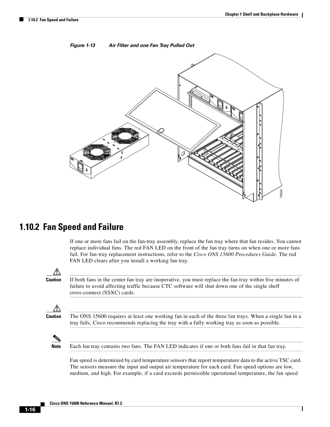 Cisco Systems ONS 15600 manual Fan Speed and Failure, Air Filter and one Fan Tray Pulled Out 