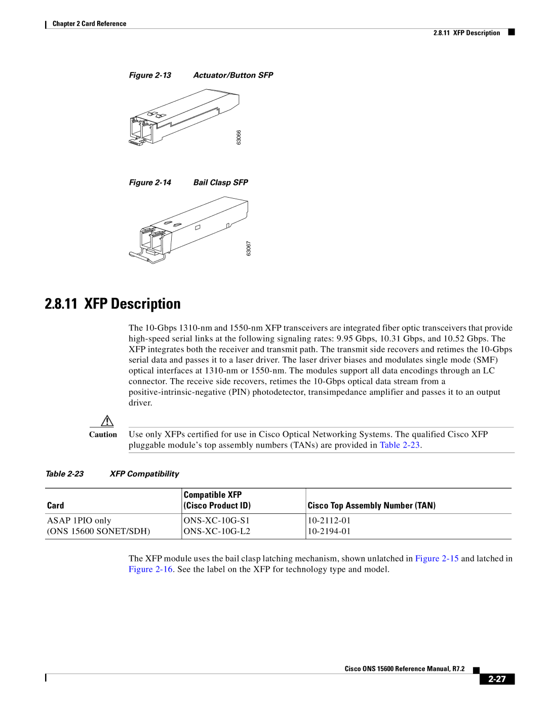 Cisco Systems ONS 15600 manual XFP Description, Asap 1PIO only, ONS-XC-10G-S1 ONS-XC-10G-L2 