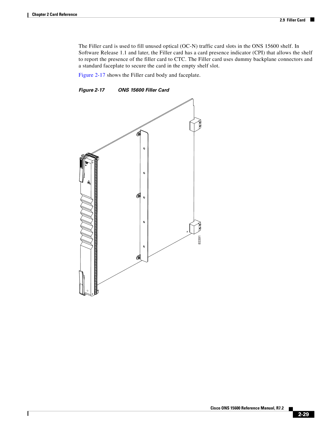 Cisco Systems ONS 15600 manual 17shows the Filler card body and faceplate 