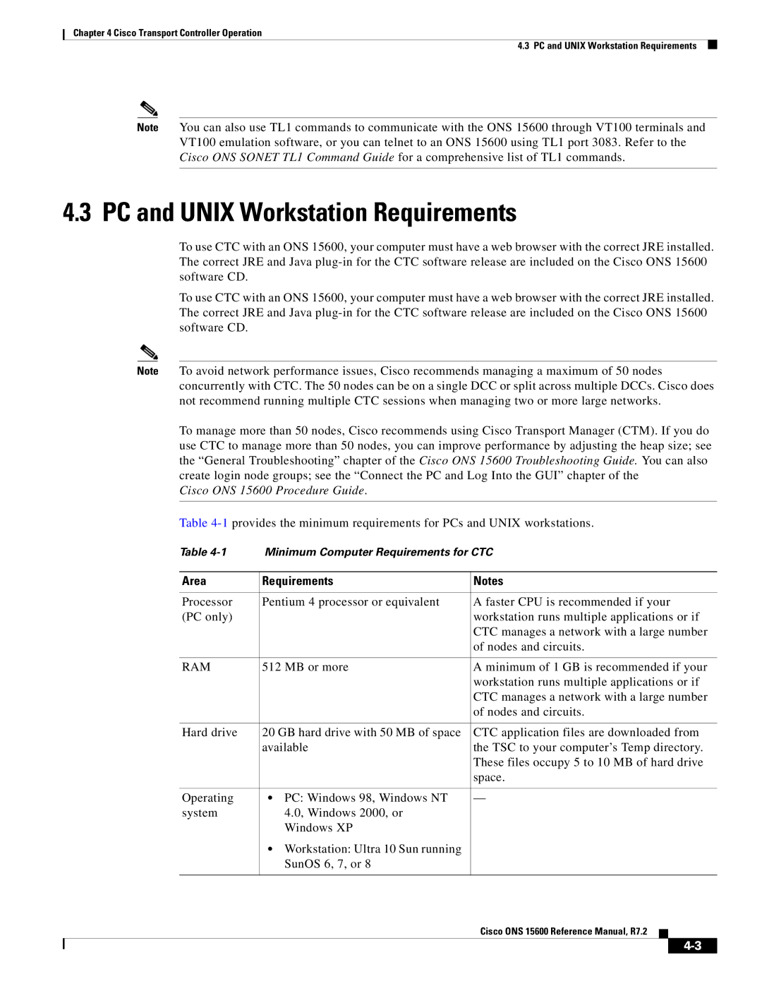 Cisco Systems ONS 15600 manual PC and Unix Workstation Requirements, Area Requirements, Ram 