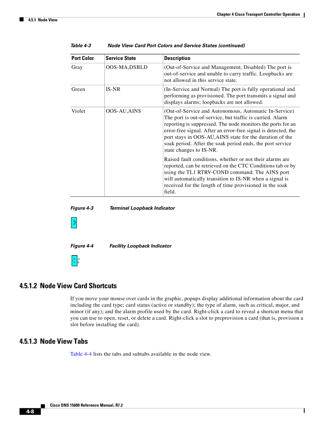 Cisco Systems ONS 15600 manual Node View Card Shortcuts, Node View Tabs, Oos-Ma,Dsbld, Is-Nr, Oos-Au,Ains 