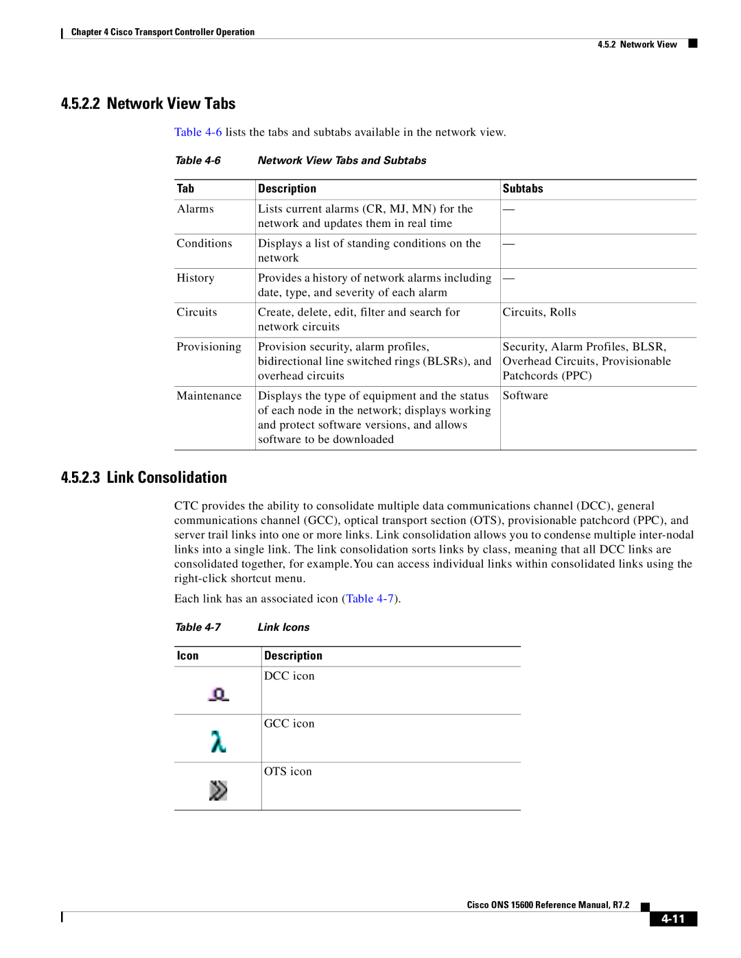 Cisco Systems ONS 15600 Network View Tabs, Link Consolidation, 6lists the tabs and subtabs available in the network view 