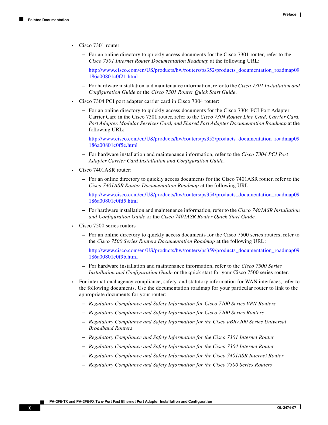 Cisco Systems PA-2FE-TX, PA-2FE-FX manual Preface Related Documentation 