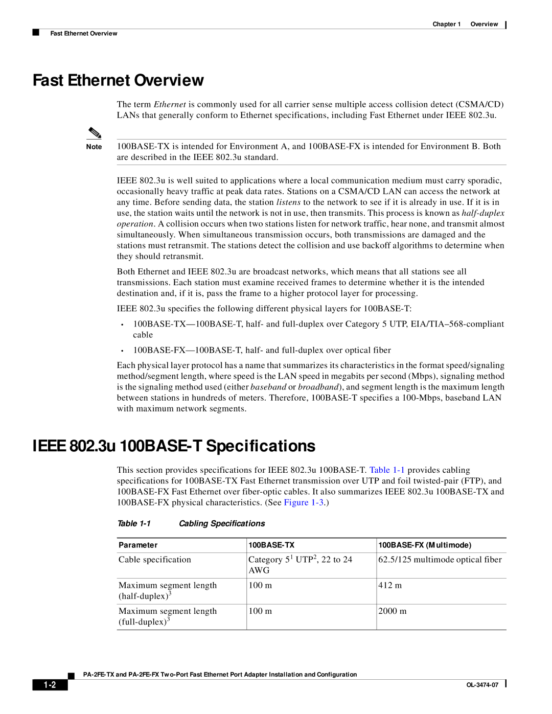 Cisco Systems PA-2FE-TX Fast Ethernet Overview, Ieee 802.3u 100BASE-T Specifications, Parameter, 100BASE-FX Multimode 