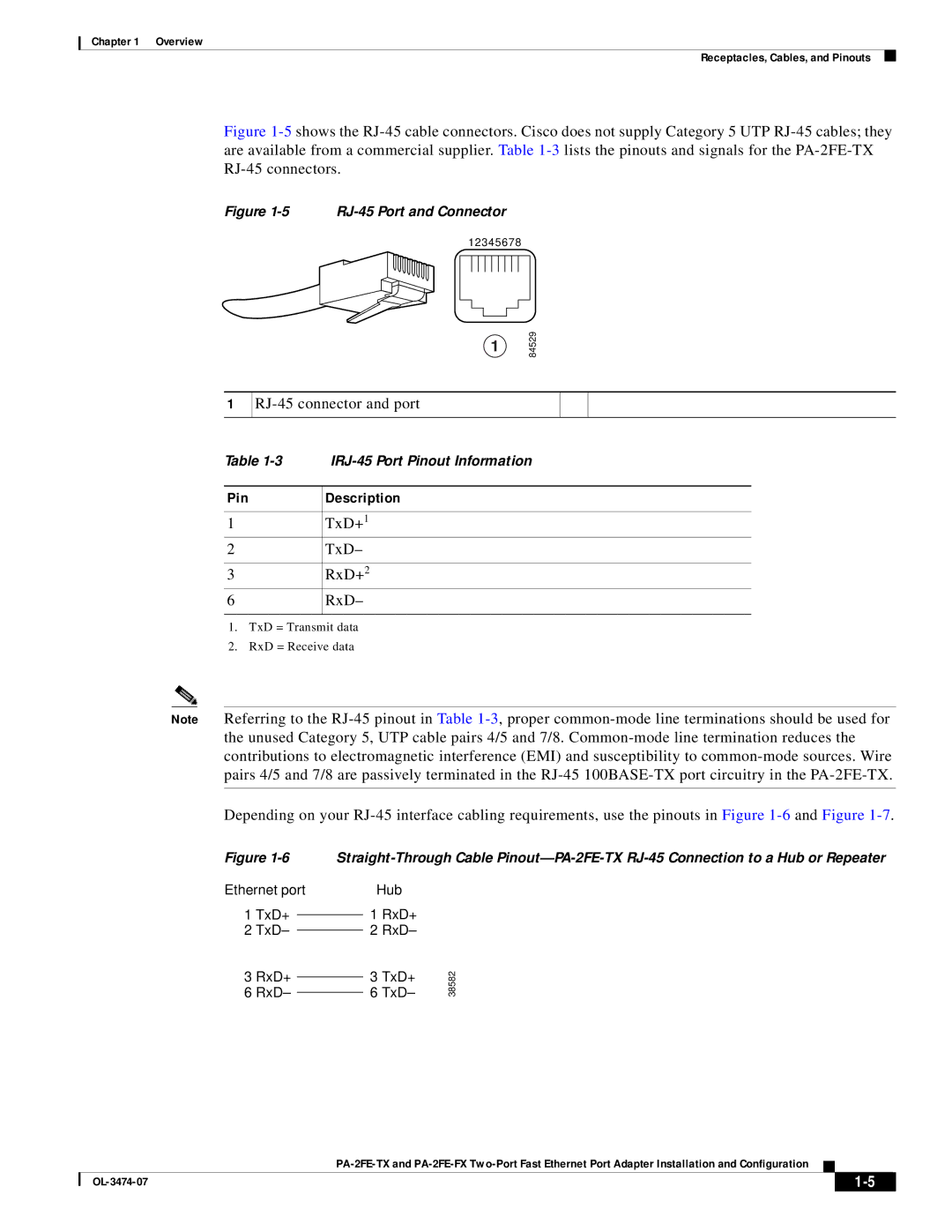 Cisco Systems PA-2FE-FX, PA-2FE-TX manual Pin Description, RJ-45 Port and Connector 