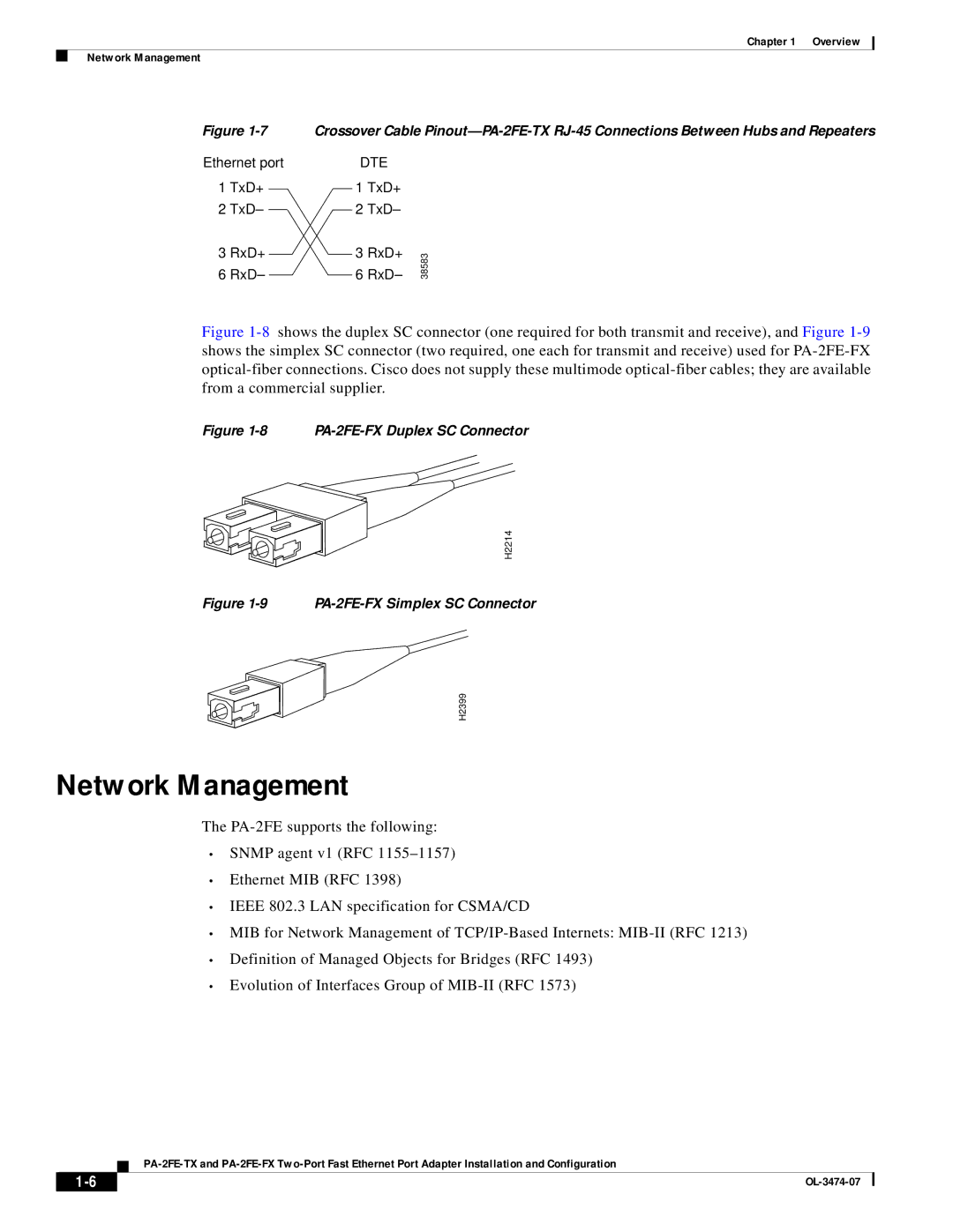 Cisco Systems PA-2FE-TX manual Network Management, PA-2FE-FX Duplex SC Connector 