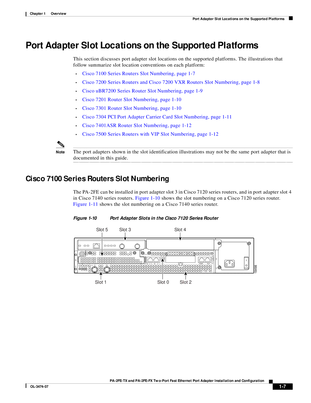 Cisco Systems PA-2FE-FX Port Adapter Slot Locations on the Supported Platforms, Cisco 7100 Series Routers Slot Numbering 