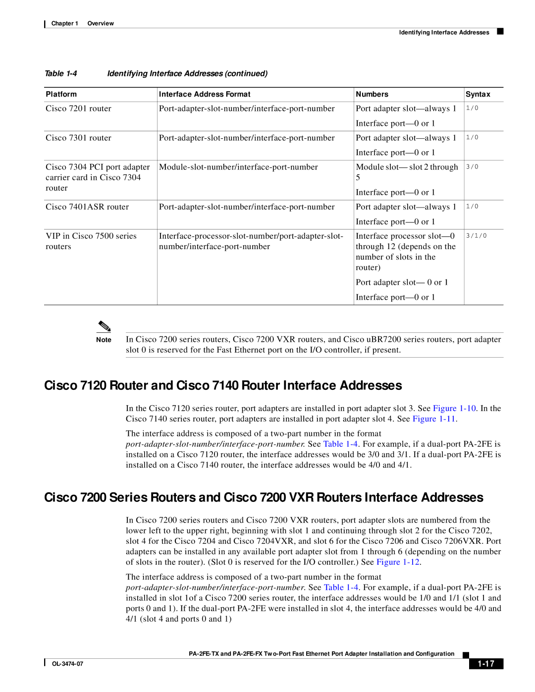 Cisco Systems PA-2FE-FX, PA-2FE-TX manual Cisco 7120 Router and Cisco 7140 Router Interface Addresses 